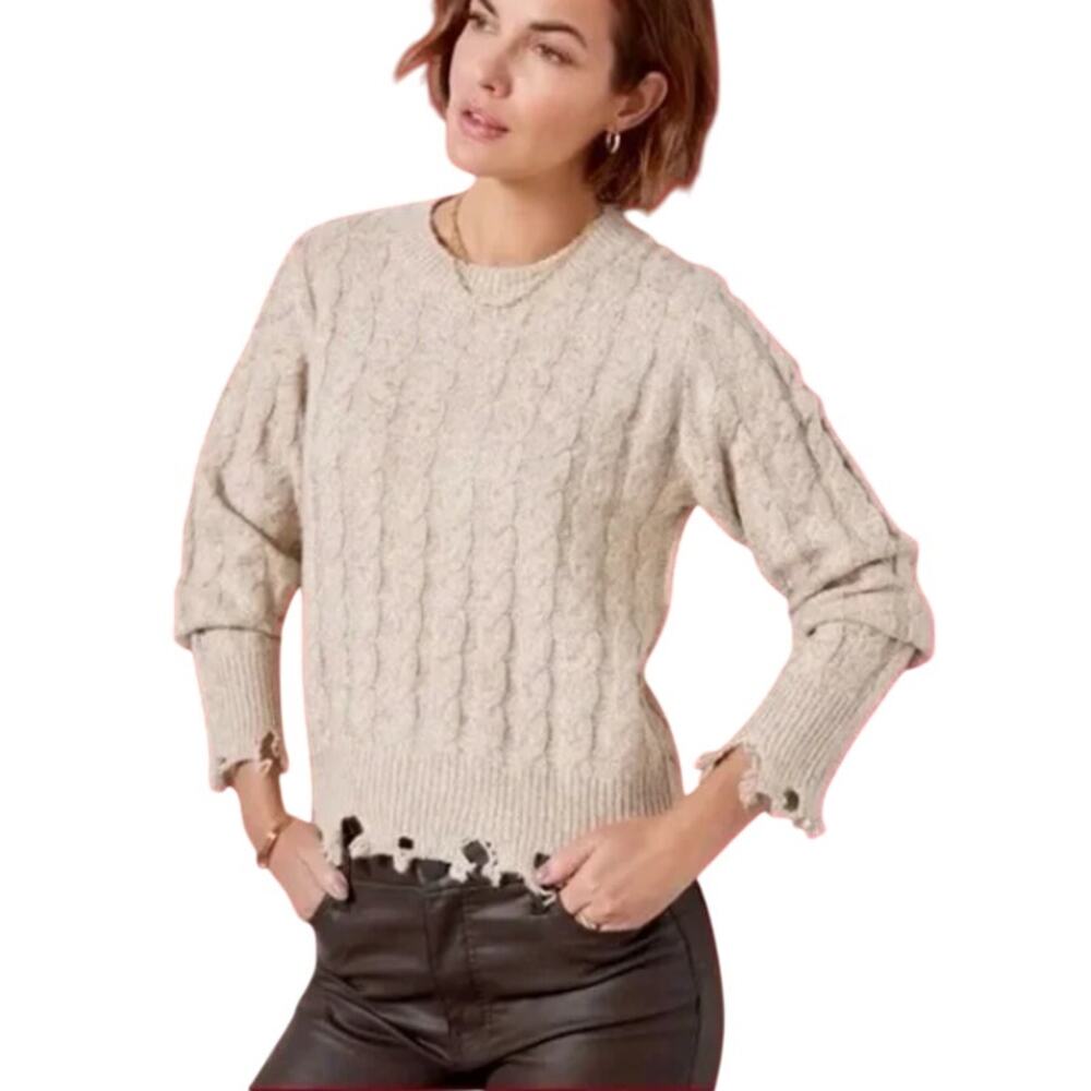 Evereve Dakota Beige Oatmeal Raw Edge Cable Knit Sweater Size Medium
